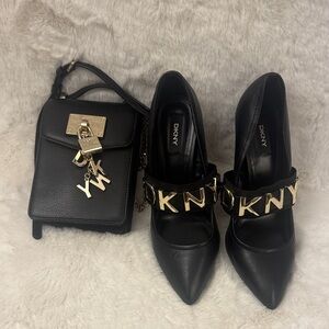 DKNY Black Leather Pointed-Toe Heels with Gold Logo Band